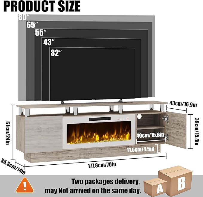 70" Modern Fireplace TV Stand with 36" Electric Fireplace for TVs Up to 80 inch, Luxury LED Light Entertainment Center with High Gloss Cabinet (Grey + Silver Posts with White Fireplace, 70'')