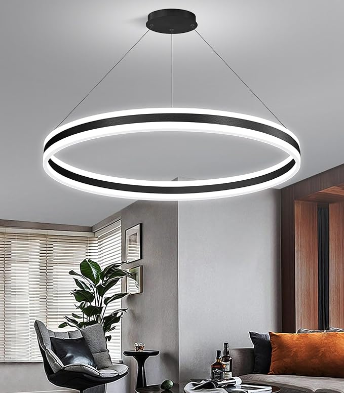D31.5'' Modern Ring Chandelier for Dining Room LED Dimmable Pendant Lighting High Ceiling Chandelier for Living Room Foyer Bedroom Entryway 3000K-6000K Black
