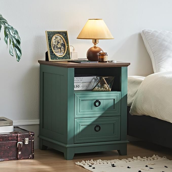 18" Farmhouse Night Stand with Charging Station, 2 Drawers Bedside End Table, Green Wooden Nightstand, Bed Side Table Cabinet with Open Shelf for Bedroom Living Room Office