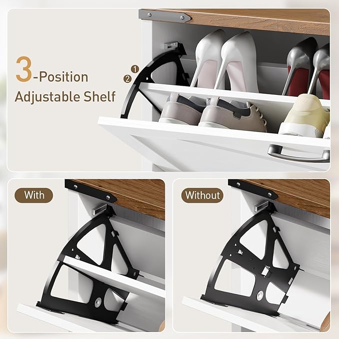 Farmhouse Tall Shoe Cabinet with Coat Rack, Narrow Hidden Shoe Storage Cabinet with 3 Flip Drawers, 2 in 1 Hall Tree with Hooks, Narrow Shoe Organizer for Entryway, Hallway, White and Walnut