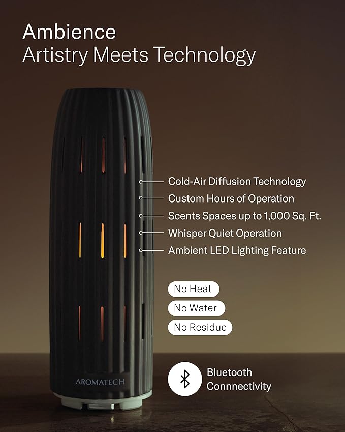 AromaTech Ambience Scent Diffuser for Essential Oil Blends & Fragrances – Waterless Scent Machine w/Bluetooth for Home, Bathroom Boutiques, Hotel, Spa – Charcoal