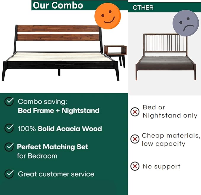 Acacia Callisto King Solid Wood Platform Bed Frame with Headboard – Gift Matching Nightstand Included, Mid-Century Modern, Black Ristretto, No Box Spring Needed, Sturdy, Easy Assembly