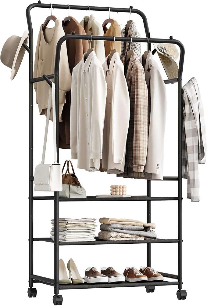 Clothes Rack, 3-Tier Rolling Garment Rack, Dual-Rod Clothing Rack with Hooks and Wheels, Y-Shaped, Freestanding Clothing Hanging Organizer, for Bedroom, Living Room, Laundry Room Black TYM07BB