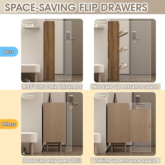 Rattan Shoe Storage Cabinet with 6 Flip Drawers & Chalkboard, Freestanding Organizer for Front Door Entrance, Hidden Narrow Shoe Rack Cabinet Storage for Entryway, Rustic Oak Rattan