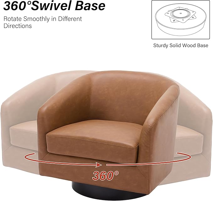 Swivel Barrel Chair, Modern Round PU Leather Accent Armchair for Living Room, Bedroom, Oversized Comfy Club Reading Chairs for Adults (Leather Brown, Set of 2)