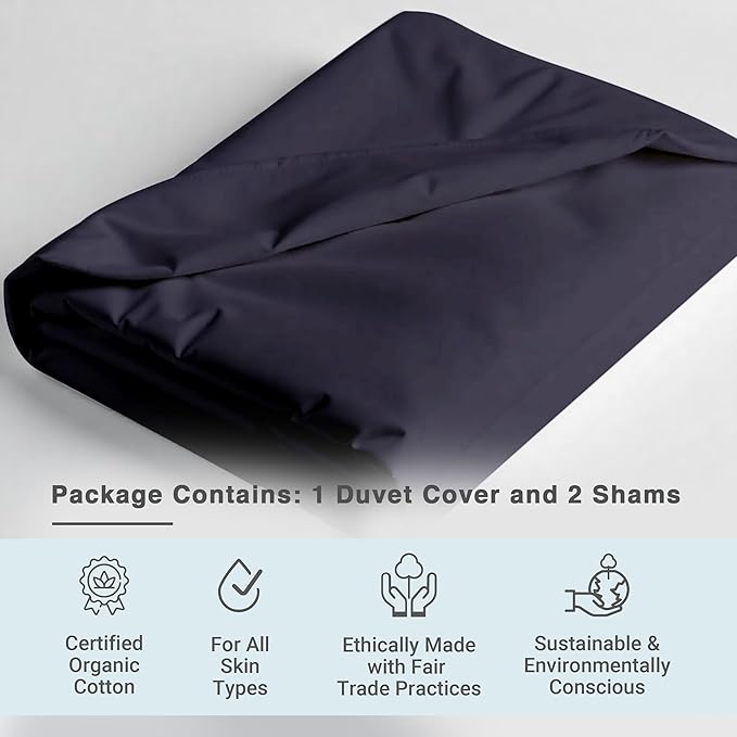 Fabdreams GOTS Certified 100% Organic Cotton Duvet Cover Queen Size - 400 TC Sateen - Soft - Silky - Zipper Closure - Edge Ties - 1 Duvet Cover (90"x92")+2 Pillow Shams (20"x26") - Dark Gray, 3 Piece