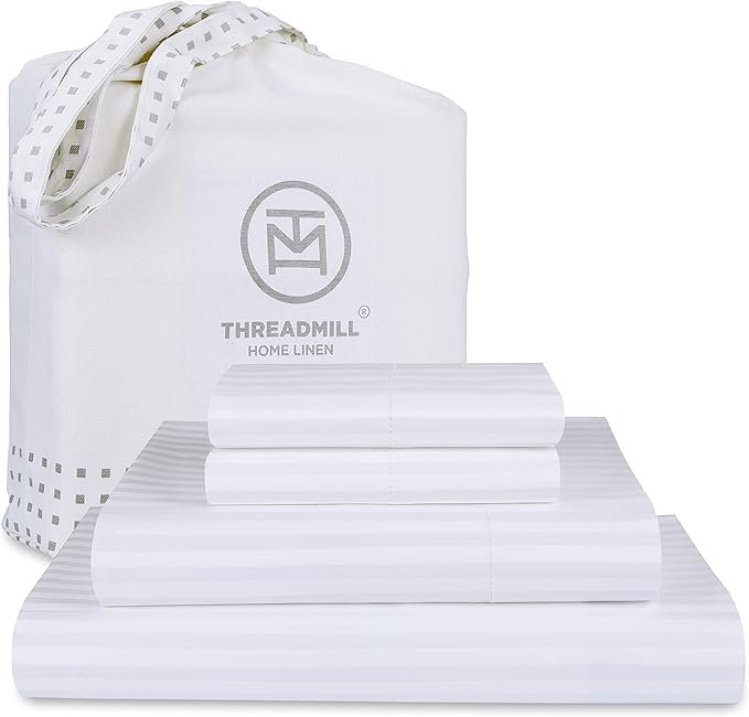 Threadmill 100% Cotton Sheets for Cal King Size Bed - 600 Thread Count Cal King Bed Sheets Set with 16” Deep Pocket - Damask Stripe Sateen Weave 4-Piece Bedding Set with Cooling Effect, White