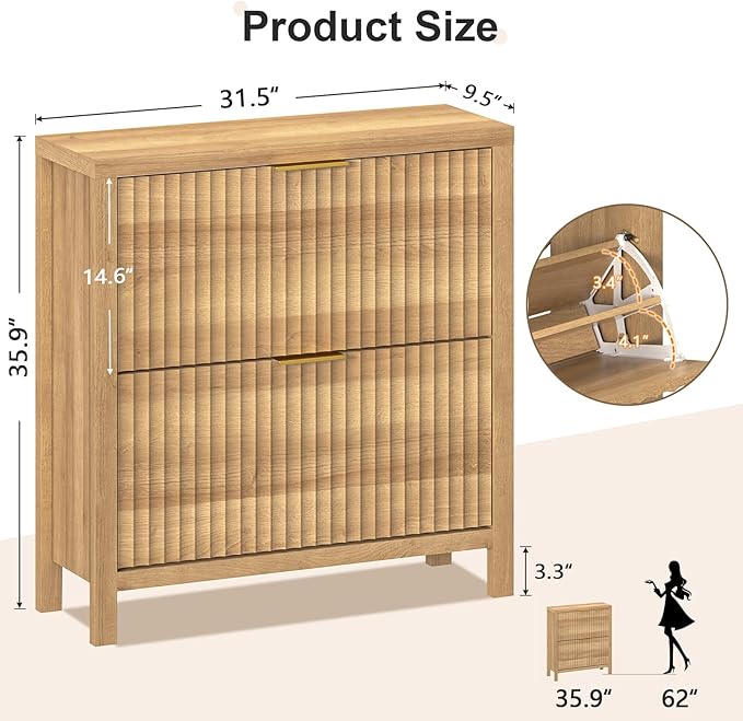 Shoe Cabinet Storage for Entryway, Fluted Shoe Cabinet with 2 Flip Drawers, Hidden Shoe Rack Tall Freestanding Shoe Organizer with Legs for Hallway, Wood