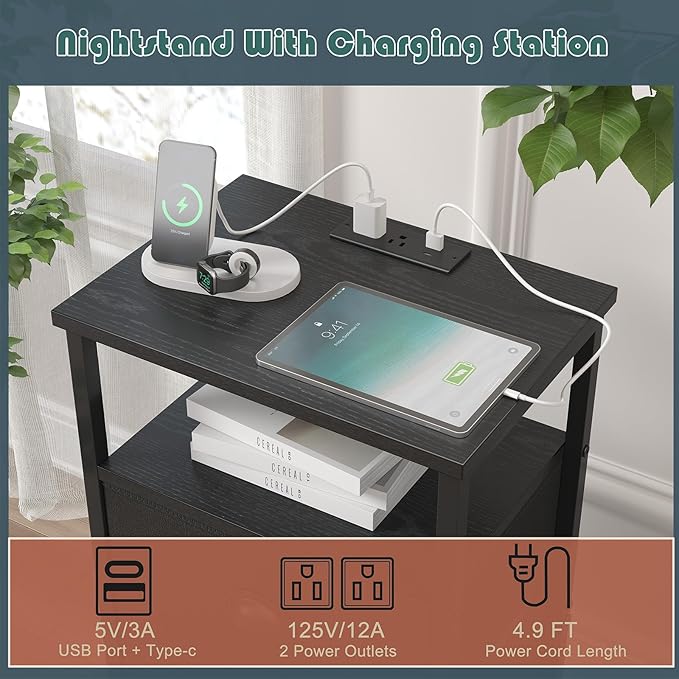 Nightstand with Charging Station,LED Black Nightstands with 5 Fabric Drawers PU Finish, Bedside End Tables, 2-Tier Open Storage Shelf Side Table Nightstand with Drawers for Bedroom, Black