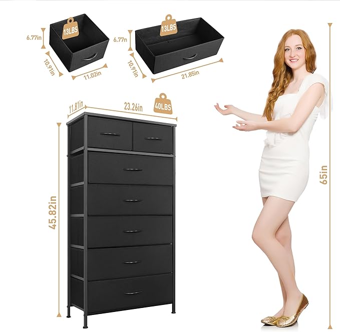 Tall Dresser for Bedroom, Vertical Storage Organizer Tower with 7 Drawers, Chest of Drawers with Fabric Bins, Steel Frame, Wood Top for Bedroom, Closet, Entryway- Black