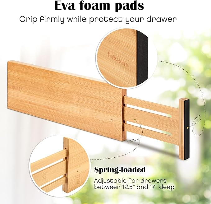 Fabsome Dresser Drawer Organizers 6 Pack, 4.65'' High Adjustable from 12.5-17‘’ Bamboo Drawer Dividers for Clothing Baby Clothes, Wooden Separators for Dresser Nursery Organization with Soft Foam Ends