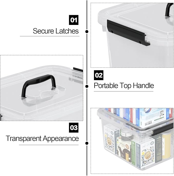 17.5 L Plastic Clear Latching Storage Box with Lid, Storage Bin with Handle, 4 Packs