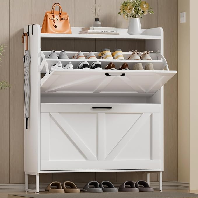 Urban Deco Shoe Storage Cabinet for Entryway, Organizer Shoe Cabinet with 2 Flip Drawers, Elegant 2 Tier Freestanding Shoe Organizer Anti-Tipping Design (White)