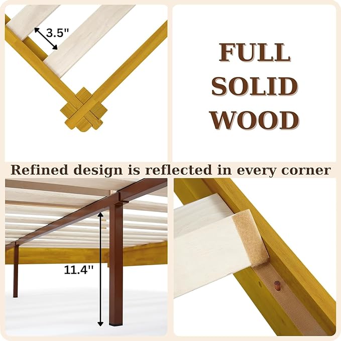 Bme Chalipa 14” Queen Bed Frame - Solid Wood Platform Bed - Japanese Joinery Bed Frame - Wood Slat Support - No Box Spring Needed - Easy Assembly - Minimalist & Modern Style, Golden Natural