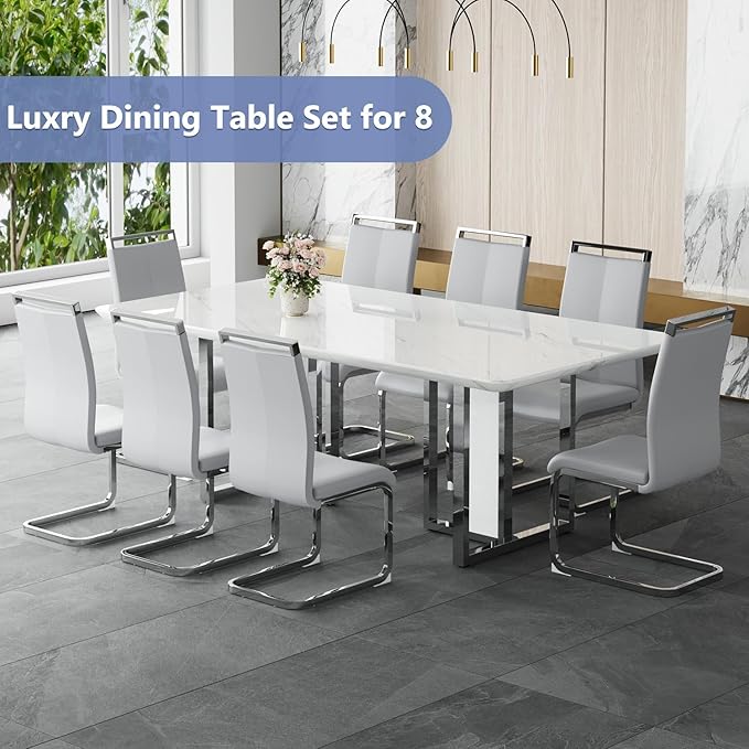 JUFU Dining Room Table Set for 8, Dinner Set for 8 with 79'' Faux Marble Tabletop and Sturdy T-Shape Leg, White Rectangle Dining Room Sets for 8 with PU Chairs, Perfect for Dining Room and Kitchen
