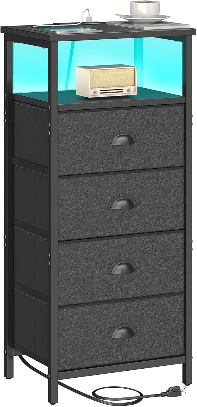 Nightstand with Charging Station,LED Black Nightstand with 4 Fabric Drawers PU Finish, Bedside End Tables, 2-Tier Open Storage Shelf Side Table Nightstand with Drawers for Bedroom,Black