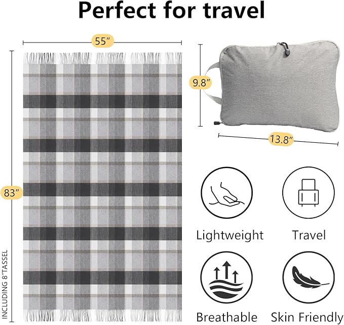 Gray Check Throw Blanket for Couch,100% Wool Throw Blanket for Home Decor, Soft Lightweight Cozy All Season Decorative Vintage Blankets for Travel,Bed, Sofa, Chair, Outdoor 55"x83"/1.5LBS
