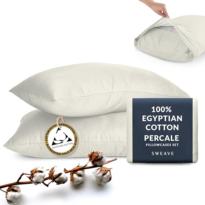100% Egyptian Cotton Percale Pillow Cases Set - Luxurious 400 Thread Count, Breathable & Skin-Friendly - Softer After Each Wash - Oeko-TEX Certified