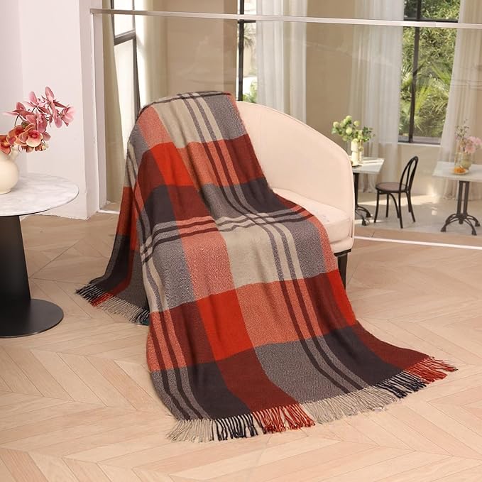 Red Plaid Throw Blanket for Couch,100% Wool Throw Blanket for Home Decor, Soft Lightweight Cozy All Season Decorative Vintage Blankets for Travel,Bed, Sofa, Chair, Outdoor 55'' x 83''/2LBS