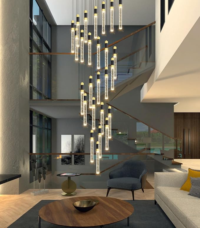 Modern 14.5ft LED Chandeliers for Living Room, Dining Room, Entryway - Dimmable Crystal Cylinder Pendant Lights