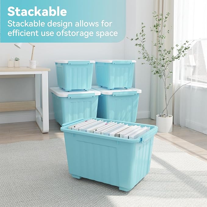 Nazhura 97 Quart Plastic Storage Bin, Blue Stackable and Nestable Storage Boxes with White Lids and Secure Latching Buckles, Large Storage Container, 97 Qt-4 Pack (Blue, 97Quart-4Pack)