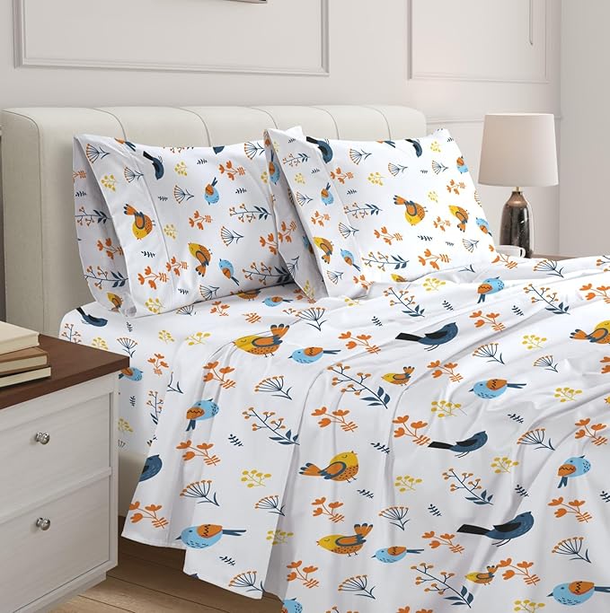 100% Egyptian Cotton 1000 TC Sheet Set King Size Cotton Bird Printed Bedsheet Set 16" Deep Pockets All Season Breathable Super Soft Comfy Bedding Sheet Set