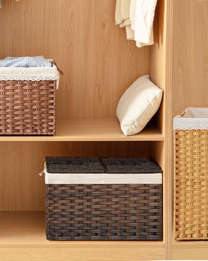 Storage Basket with Lid Rattan Woven Storage Baskets with 2 Separate Lids, 17.2 Gallon (65 L), 22 x 13 x 13.8 Inches,Foldable, 2 Removable Liner Bags Handles for Bedroom, Laundry Room Brown