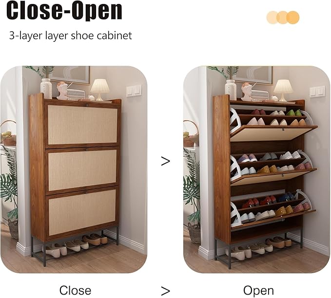 Narrow Shoe Cabinet with 3 Flip Drawers, Freestanding Shoe Organizer with Linen Doors, Slim Shoe Storage Cabinet Storage, Wooden Closed Shoe Rack for Entryway, Hallway, Living Room (Walnut)