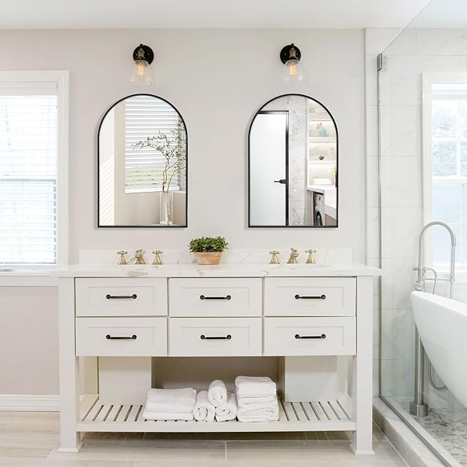 24" x 32" Black Arched Mirror, Arch Wall Mirror, Metal Frame Black Bathroom Mirror, Arched Top Bathroom Vanity Mirror for Living Room, Bedroom, Entryway, Tempered Glass, Shatter Proof