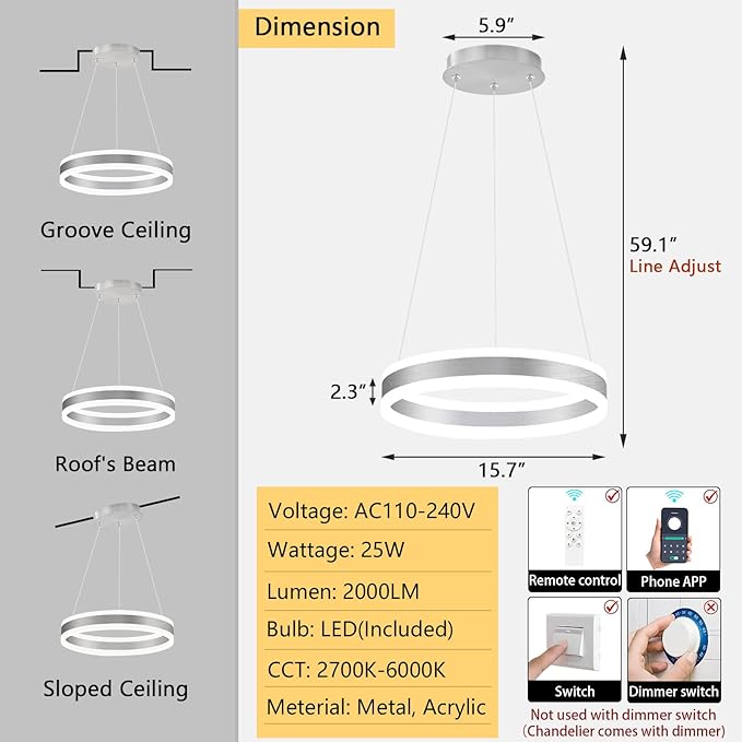 D15.7'' Modern Ring Chandelier for Dining Room LED Dimmable Pendant Lighting High Ceiling Chandelier for Living Room Foyer Bedroom Entryway 3000K-6000K Silver