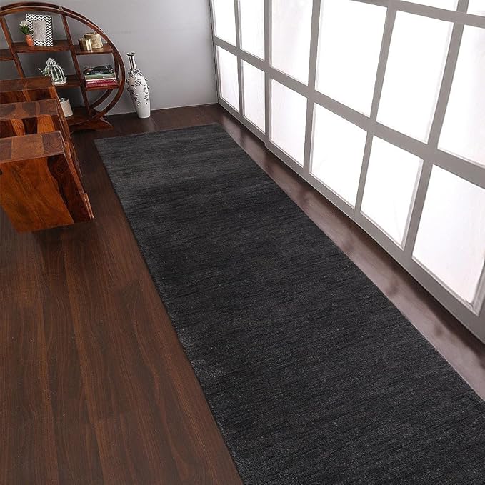 Hand Knotted Loom Wool ECO-Friendly Area Rugs - 2'6''x12', Runner, Charcoal Color, Solid Plain Design, High Pile Handmade Anti Skid Area Rugs for Living Room, Bed Room (L00111)