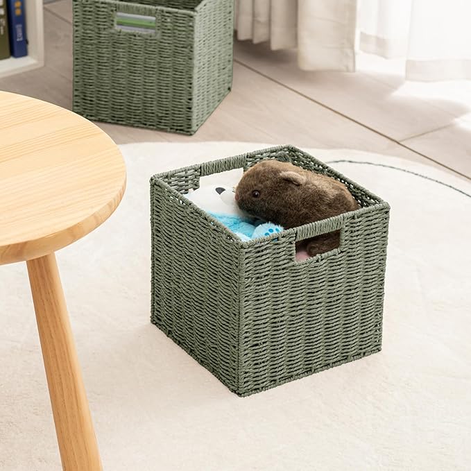 Handwoven Paper Woven Cube Basket Organizer with Handles set of 4 Foldable Storage baskets for Bedroom Living Room Cubby Storage Units for Clothes Books Toys (Green, 13" L x 13" W x 13" H)