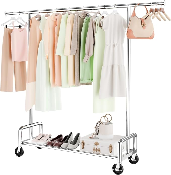 Simple Trending Heavy Duty Clothing Clothes Rack with Wheels for Hanging, Metal Rolling Garment Rack Organizer Load 500 LBS, Chrome