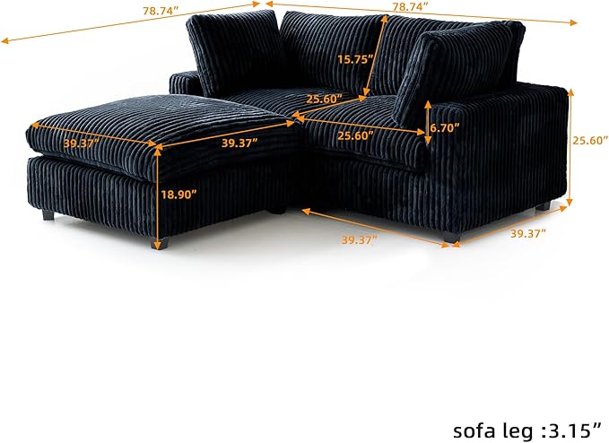 JACH 78.74" Love Seat Sectional Couches, Convertable Modular Sofa with Chaise Ottoman, Modern Deep Seat Couch, Sofa Covers Washable, Minimalist Plush Sofas for Living Room, Apartment, Black