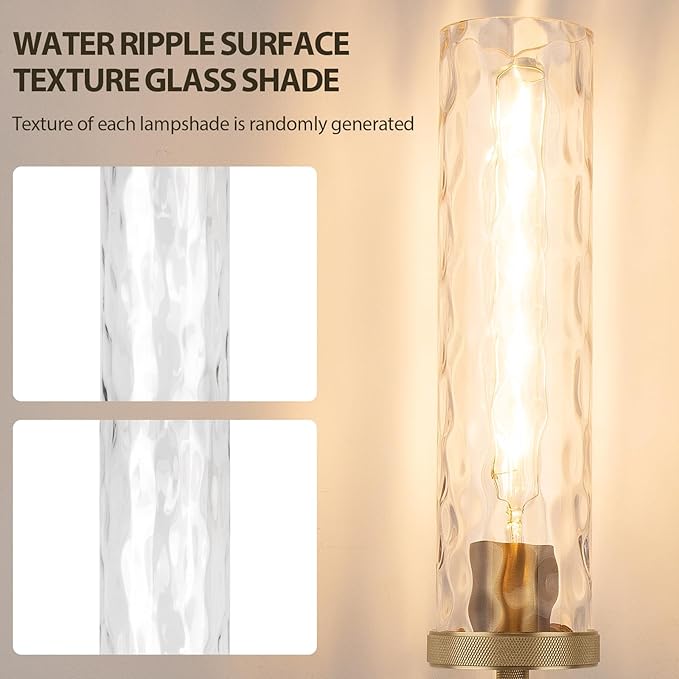 19.5" Knurled Brass Wall Sconce with Water Ripples Glass Tube, Gold Bathroom Vanity Light Fixtures, Modern Lamp Lighting for Bedroom, Living Room, Hallway, Staircase, Mirror, Kitchen