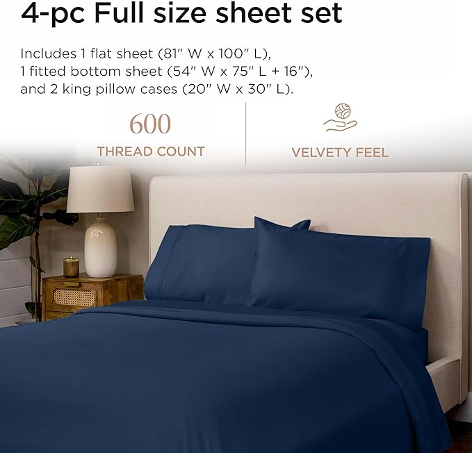 Threadmill 100% Cotton Sheets for Full Size Bed - 600 Thread Count Full Bed Sheets Set with 16” Deep Pocket - Sateen Weave 4-Piece Bedding Set with Cooling Effect, Folkstone Blue
