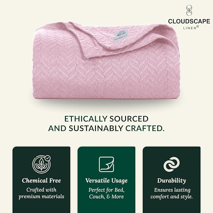 Cloud Scape Linen 100% Cotton Blanket Queen Size - Lightweight All Season & Breathable Blanket, Herringbone Weave, Best Gift for Women, Mom, Men,fits Full Size Bed, 92x92, Seashell Pink