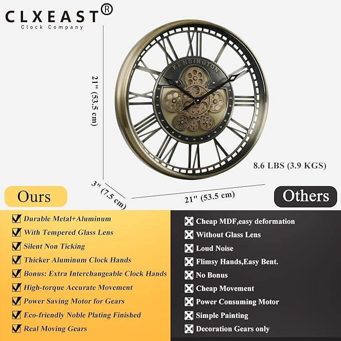 CLXEAST 21 Inch Large Moving Gears Wall Clock for Modern Farmhouse Living Room Decor, Brass Gold Roman Numerals Wall Clock Battery Operated,Reloj De Pared para Sala