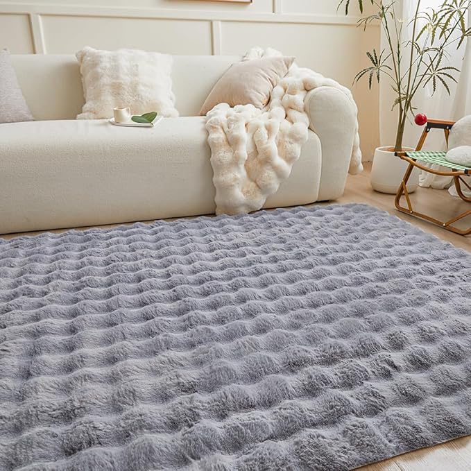 Gray Rabbit Plush Area Rug for Bedroom Living Room Sofa,3'X5' Faux Fur Fluffy Shaggy Rectangular Square Rug for Kids Teen Girls Room,Furry Carpet Rug for Nursery Baby Room Decor for Teenage