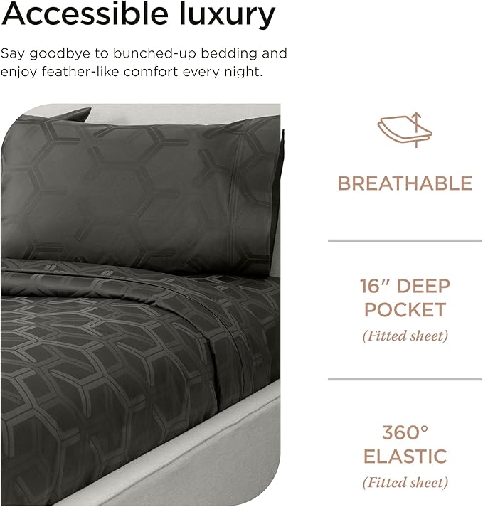Threadmill 100% Cotton Sheets for King Size Bed - 600 Thread Count King Bed Sheets Set with 16” Deep Pocket - Jacquard Sateen Weave 4-Piece Bedding Set with Cooling Effect, Dark Grey