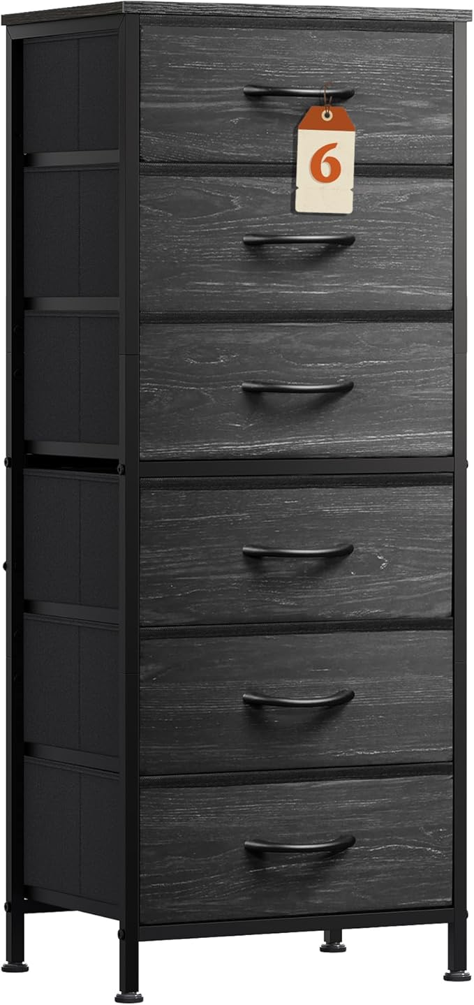 WLIVE Tall Dresser for Bedroom, 6 Drawer Dressers & Chests of Drawers, Fabric Dresser for Closet, Night Stand with Metal Frame, Storage Tower with Fabric Bins, Woodtop, Charcoal Black Wood Grain Print