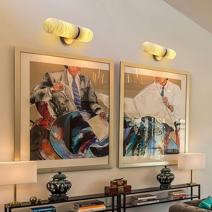 Alabaster Wall Sconces, 13" Glod Wall Sconce, Modern Bathroom Sconces Lighting, Black Spanish Natural Marble Sconce for Living Room, Bedroom, Stairs, Hallway