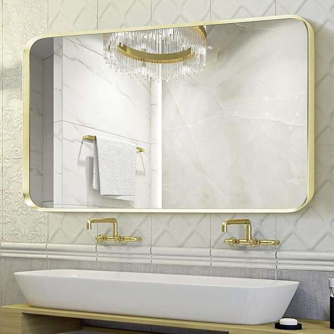 Wall Mount Mirror for Bathroom, Brushed Gold Metal Framed Rounded Corner Rectangular Vanity Mirror, Tempered Glass, Anti-Rust, Hangs Horizontally or Vertically (30" x 40", Gold)