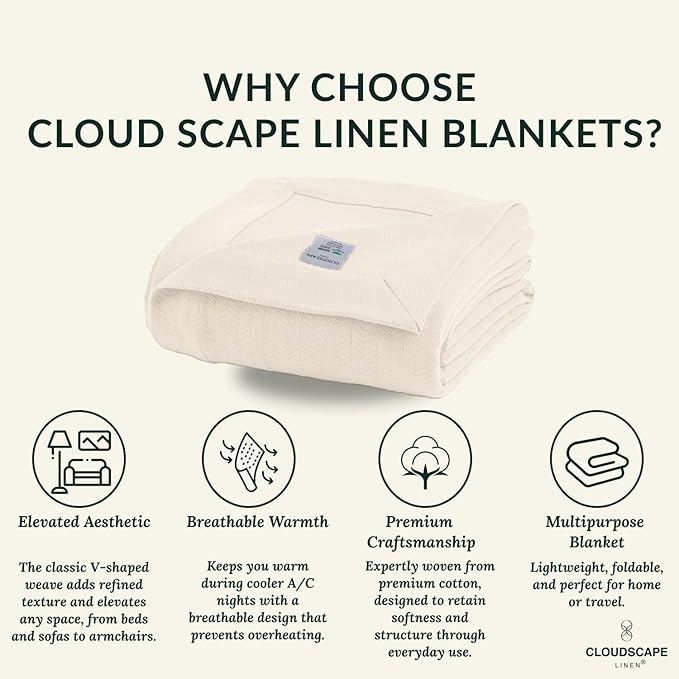Cloud Scape Linen 100% Cotton Blanket Queen Size - Lightweight All Season & Breathable Blanket, Herringbone Weave, Best Gift for Women, Mom, Men,fits Full Size Bed, 92x92, Ivory