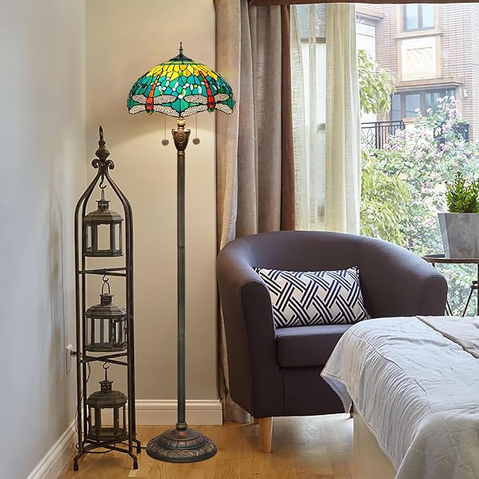 Tiffany Floor lamp Stained Glass Lamps for Living Room Bedroom Office Rustic Corner Standing Tall Vintage Light Kids Unique Pulling Chain Green Dragonfly Style Lighting