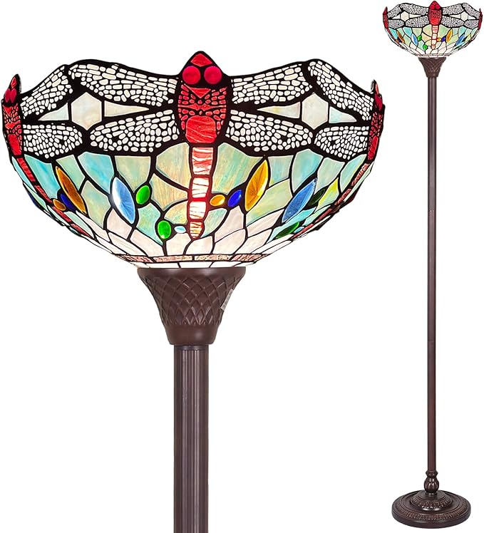 Capulina Tiffany Floor Lamp, Dragonfly Stained Glass Shade, Dark Bronze Pole, Torchiere Standing Light