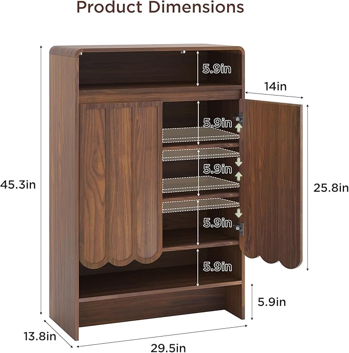 Vabches Shoe Storage Cabinet with Wave Panel Doors, 5-Tier Shoe Cabinet with Adjustable Shelves, 45'' Tall Freestanding Narrow Shoe Organizer for Entryway, Front Door, Hallway, Wood Legs, Brown