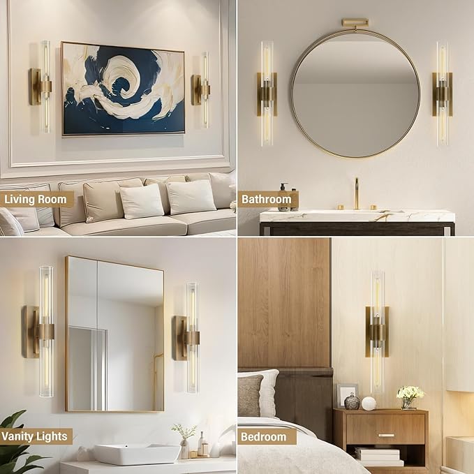 Wall Sconce, Brass Sconce for Bathroom Vanity, Gold Mirror Wall Light, 22.8" Indoor Wall Light Fixtures, Two Glass Tube Brass Wall Sconce for Bathroom, Bedroom, Vanity, Living Room