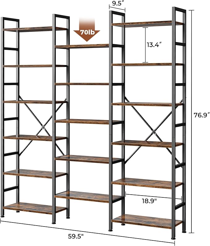SUPERJARE Triple 6 Tier Bookshelf, Bookcase with 17 Open Display Shelves, Wide Book Shelf Book Case for Home & Office, Rustic Brown