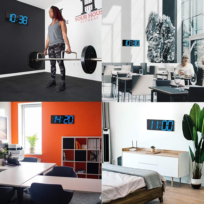 LED Large Digital Wall Clock, Oversize Wall Clock with 6” Numbers, Remote Control Count up/Countdown Timer Clock, Auto Dimmer, Big Calendar and Thermometer(Ice Blue)